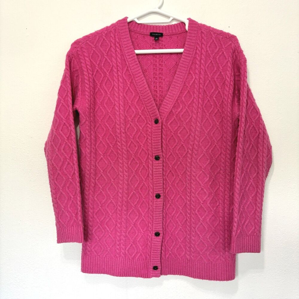 Talbots Women Fisherman Cable Cardigan Medium Wool Blend Preppy Academia Classic